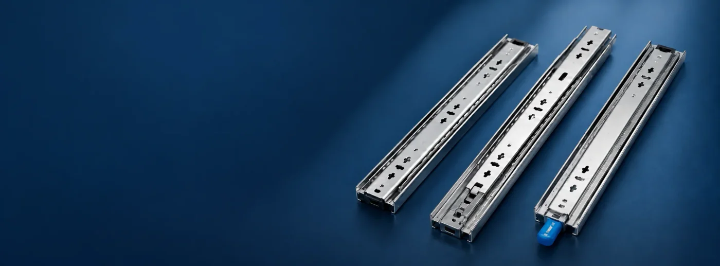 Three metal drawer slides on a dark blue background, including one with a blue release tab